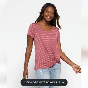 Twist front soft coral and white striped t-shirt, size small
